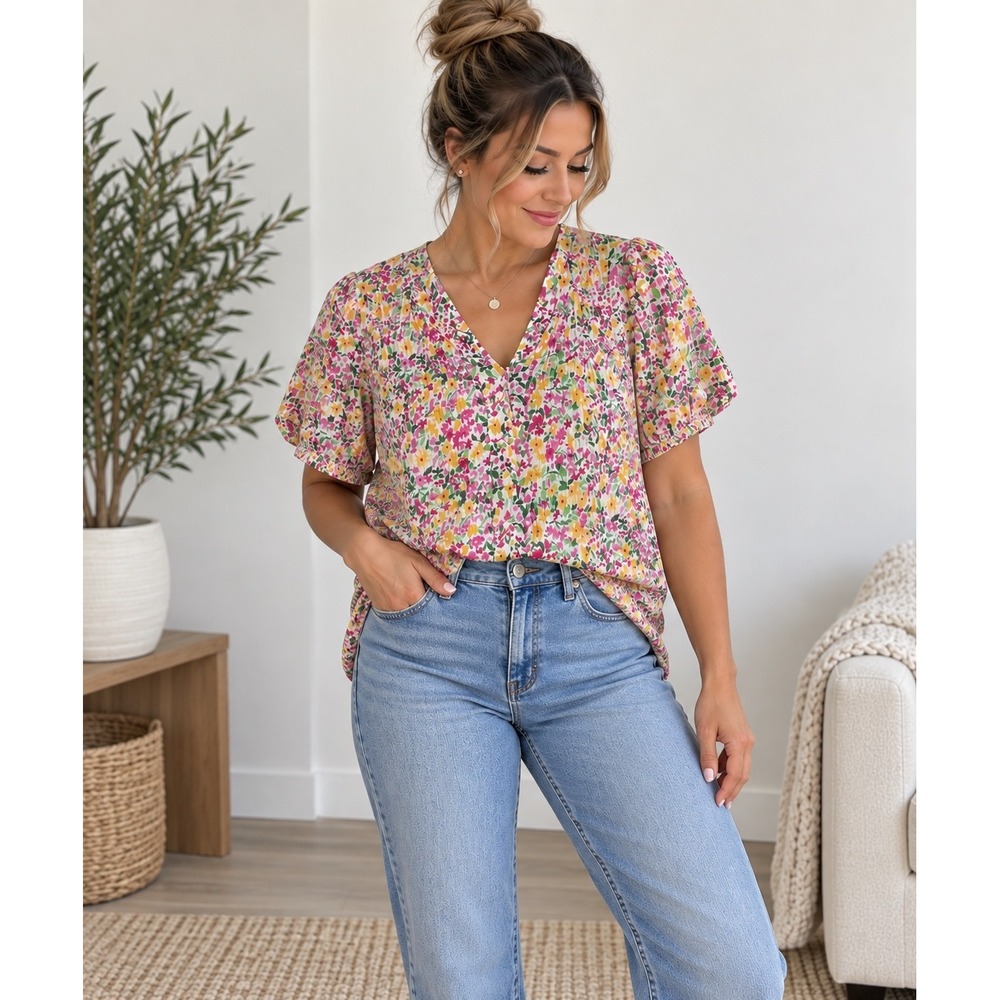 Bloomchic Womens Floral Plisse V-Neck Blouse Pink Yellow Green Short Sleeve CL